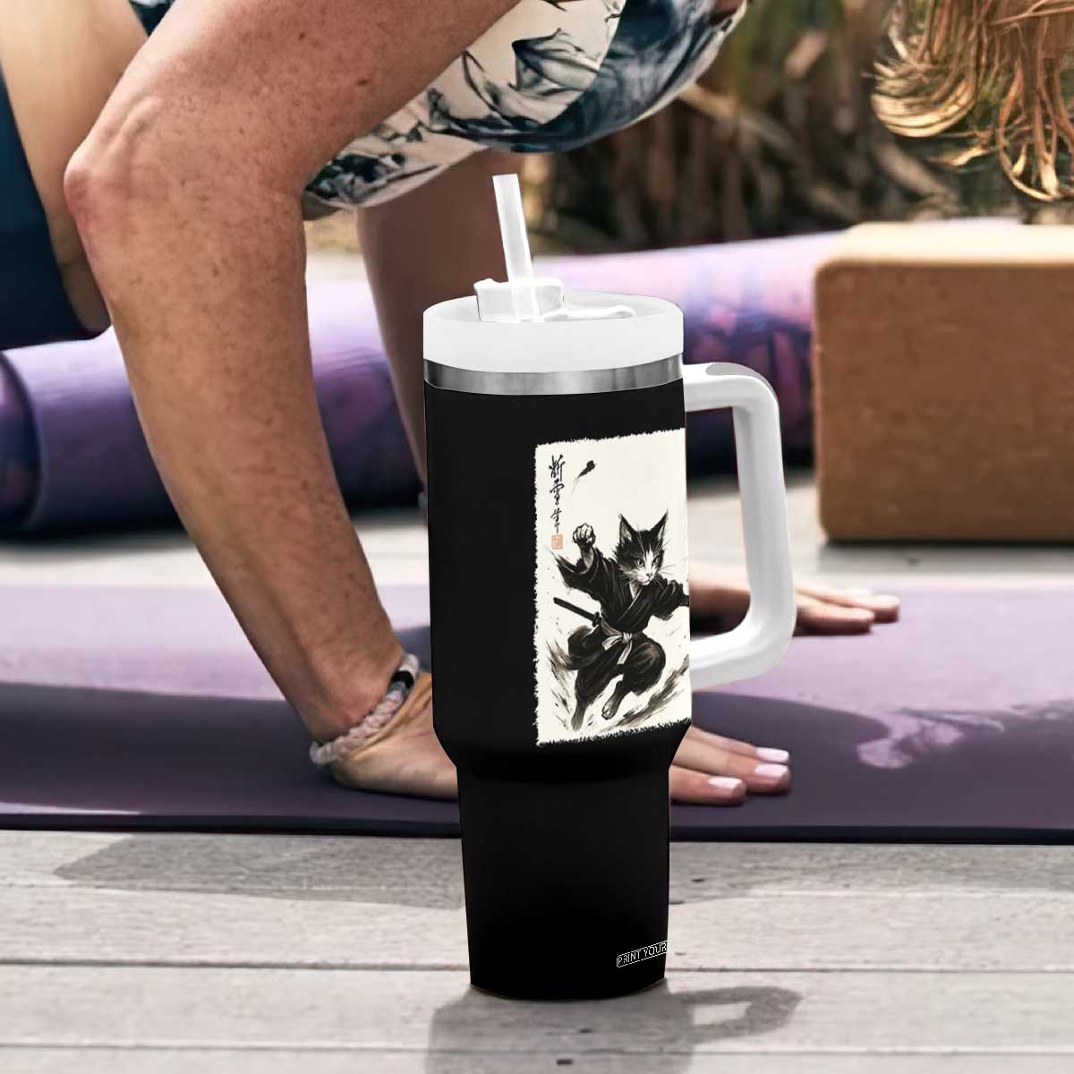 Samurai Cat Tumbler With Handle Japanese Sumie Cat Warrior Art TS12 Print Your Wear