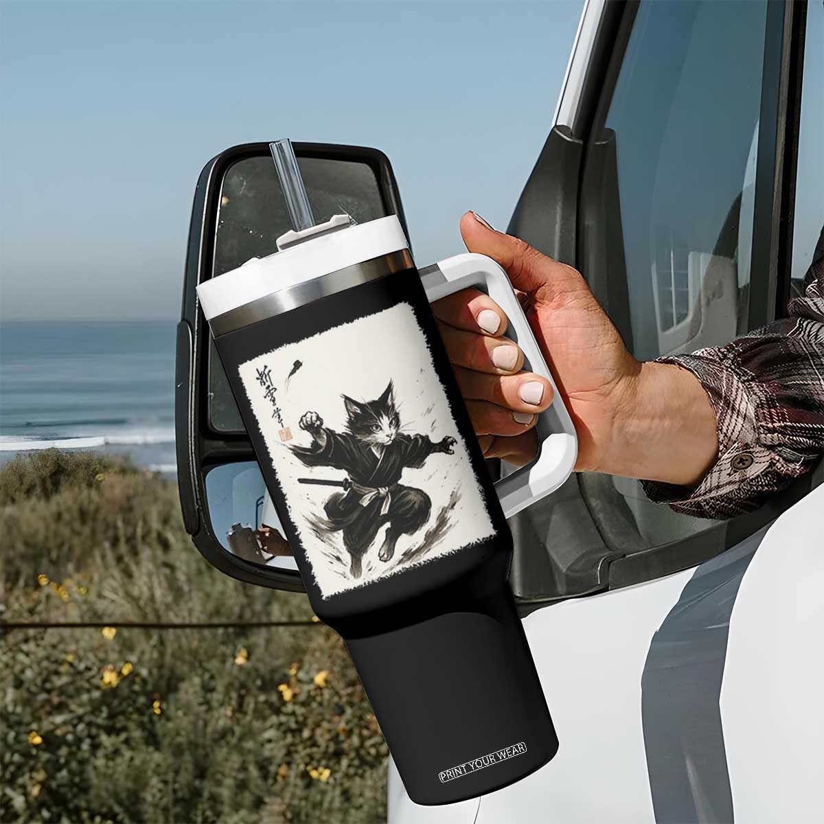 Samurai Cat Tumbler With Handle Japanese Sumie Cat Warrior Art TS12 Print Your Wear