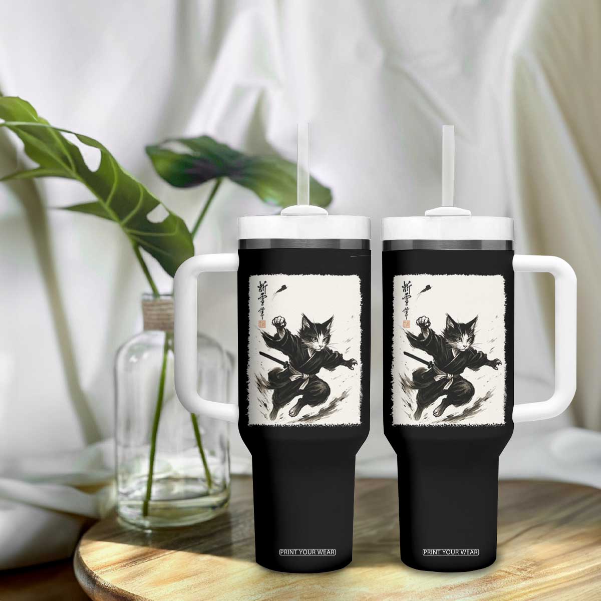Samurai Cat Tumbler With Handle Japanese Sumie Cat Warrior Art TS12 Print Your Wear