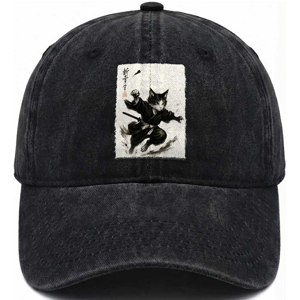 Samurai Cat Washed Cotton Baseball Cap Japanese Sumie Cat Warrior Art TS12 Print Your Wear