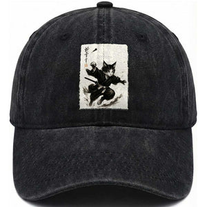 Samurai Cat Washed Cotton Baseball Cap Japanese Sumie Cat Warrior Art TS12 Print Your Wear