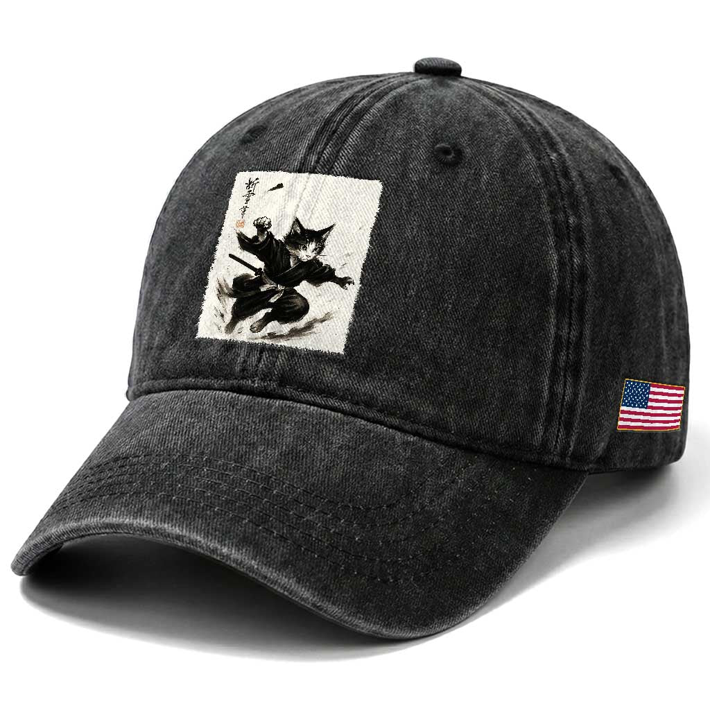 Samurai Cat Washed Cotton Baseball Cap Japanese Sumie Cat Warrior Art TS12 Print Your Wear