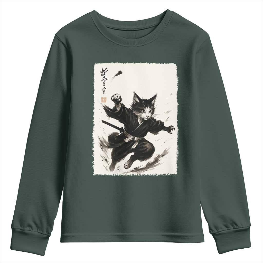 Samurai Cat Youth Sweatshirt Japanese Sumie Cat Warrior Art TS12 Dark Forest Green Print Your Wear