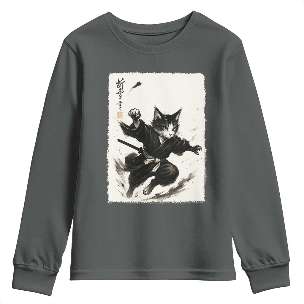 Samurai Cat Youth Sweatshirt Japanese Sumie Cat Warrior Art TS12 Dark Heather Print Your Wear