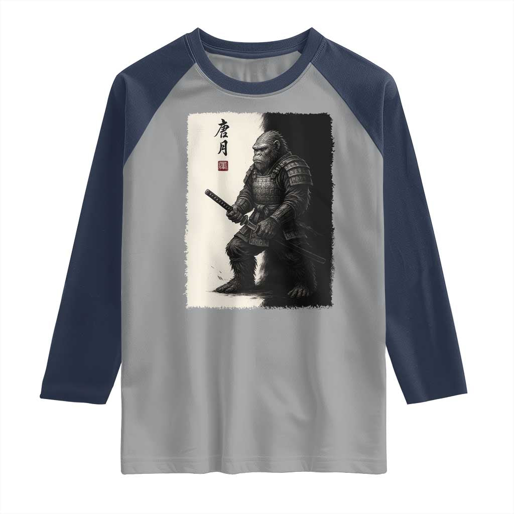 Samurai Bigfoot Raglan Shirt Japanese Vintage Graphic Sumie Warrior Art TS12 Sport Gray Navy Print Your Wear