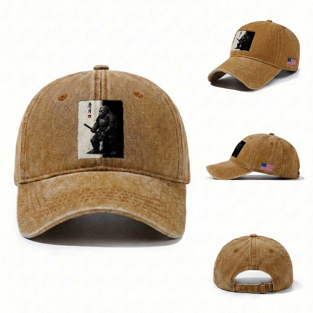 Samurai Bigfoot Washed Cotton Baseball Cap Japanese Vintage Graphic Sumie Warrior Art TS12 Washed Cap Universal Fit Yellow Ochre Print Your Wear