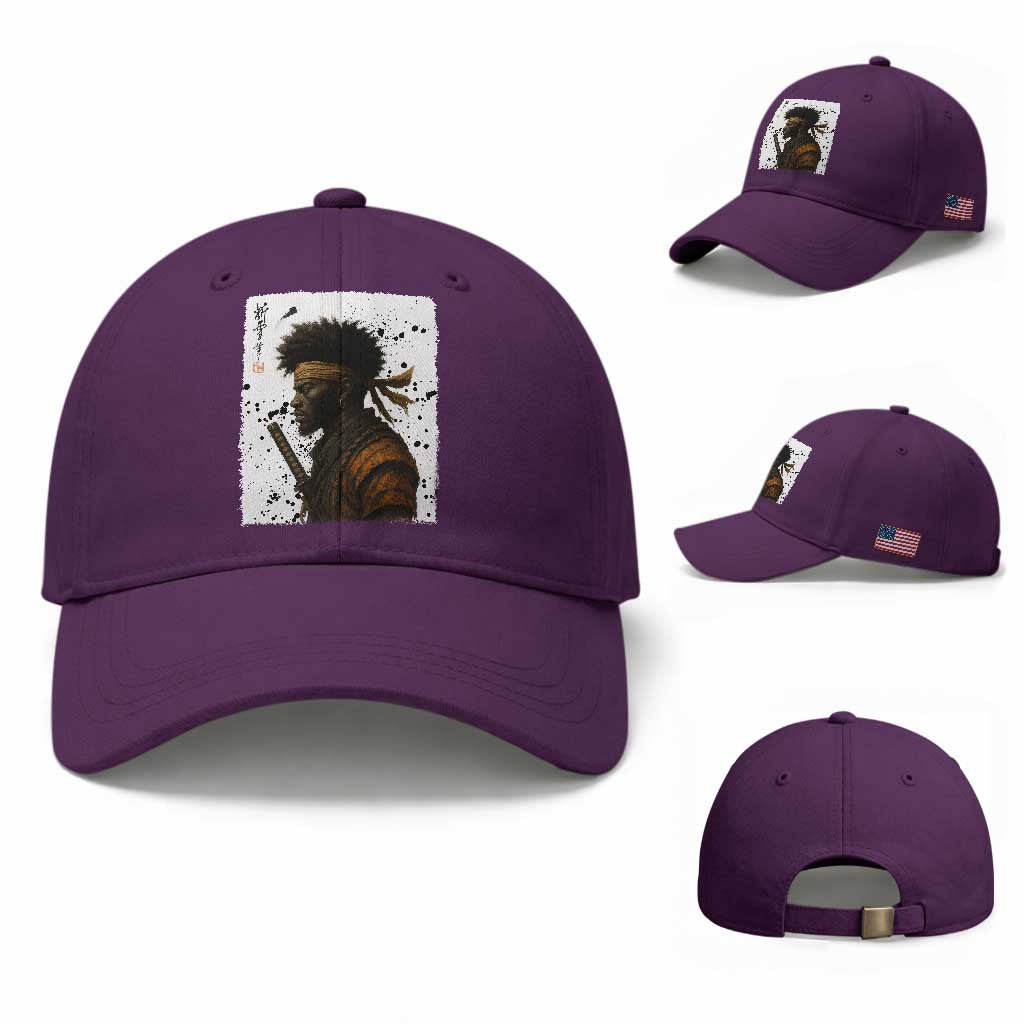 Afro American Samurai Baseball Cap Japanese Vintage Graphic Sumie Katana TS12 Baseball Cap Universal Fit Purple Print Your Wear