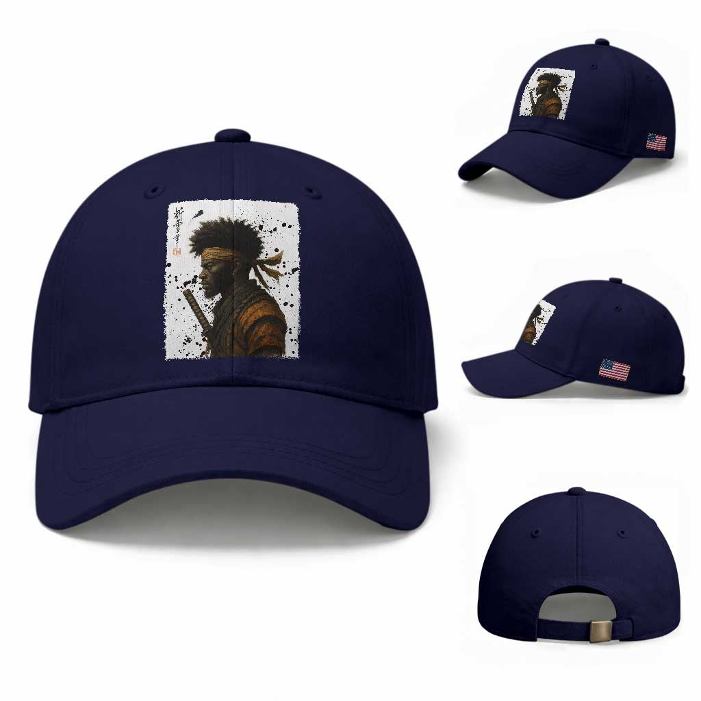 Afro American Samurai Baseball Cap Japanese Vintage Graphic Sumie Katana TS12 Baseball Cap Universal Fit Dark Blue Print Your Wear