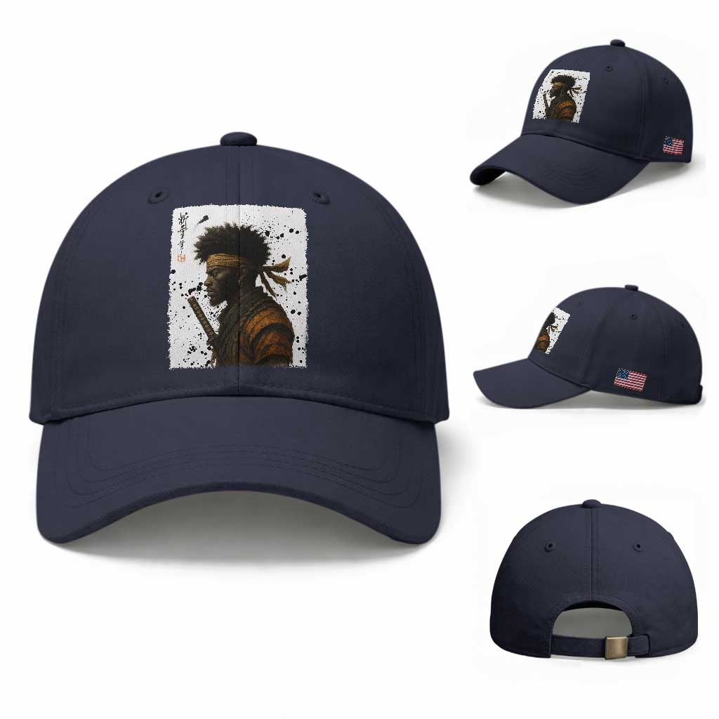 Afro American Samurai Baseball Cap Japanese Vintage Graphic Sumie Katana TS12 Baseball Cap Universal Fit Navy Print Your Wear