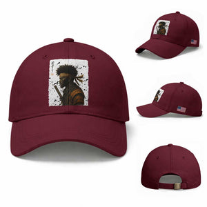 Afro American Samurai Baseball Cap Japanese Vintage Graphic Sumie Katana TS12 Baseball Cap Universal Fit Maroon Print Your Wear