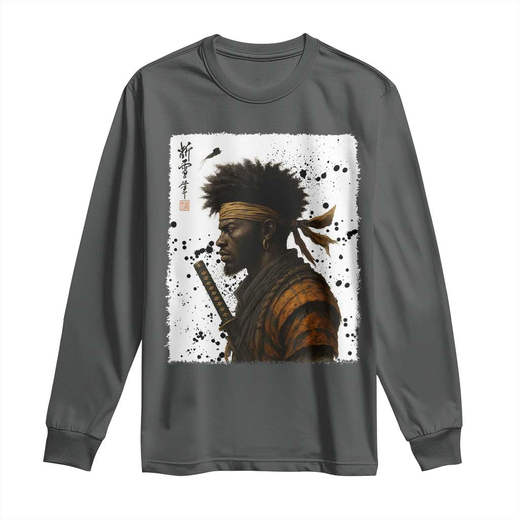 Afro American Samurai Long Sleeve Shirt Japanese Vintage Graphic Sumie Katana TS12 Dark Heather Print Your Wear
