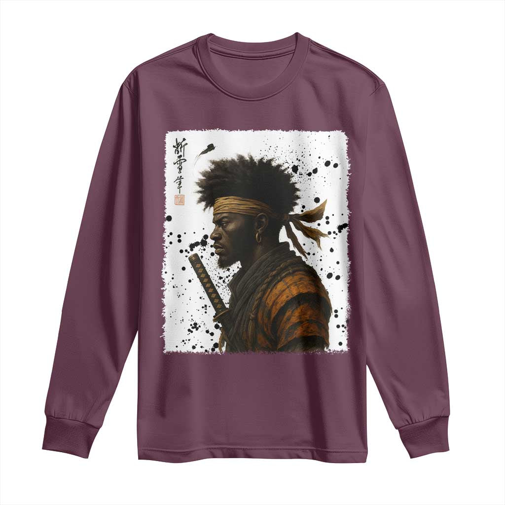 Afro American Samurai Long Sleeve Shirt Japanese Vintage Graphic Sumie Katana TS12 Maroon Print Your Wear