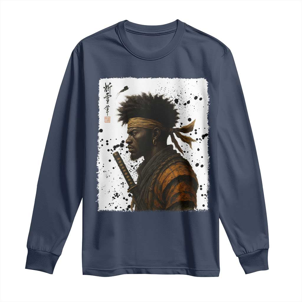 Afro American Samurai Long Sleeve Shirt Japanese Vintage Graphic Sumie Katana TS12 Navy Print Your Wear
