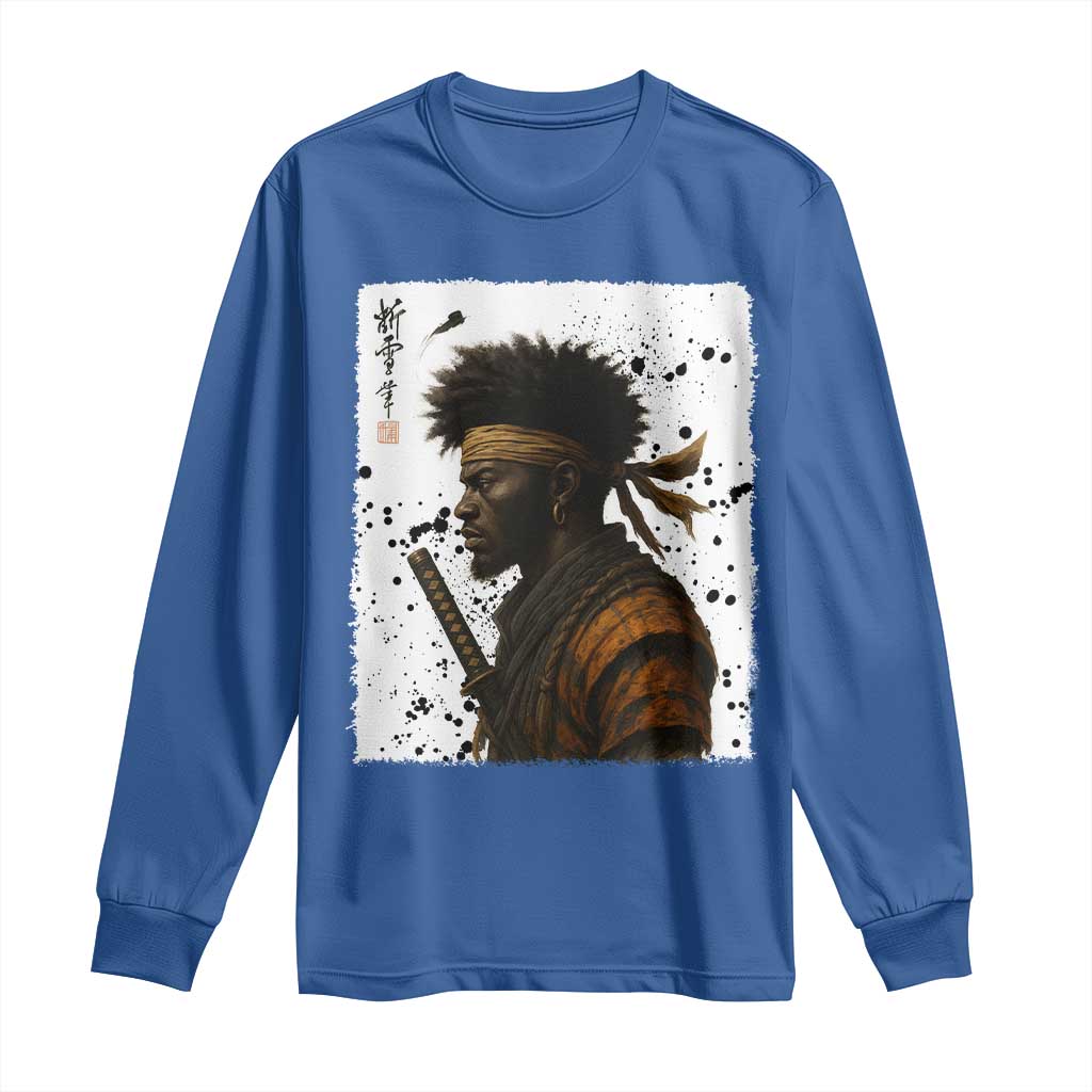Afro American Samurai Long Sleeve Shirt Japanese Vintage Graphic Sumie Katana TS12 Royal Blue Print Your Wear
