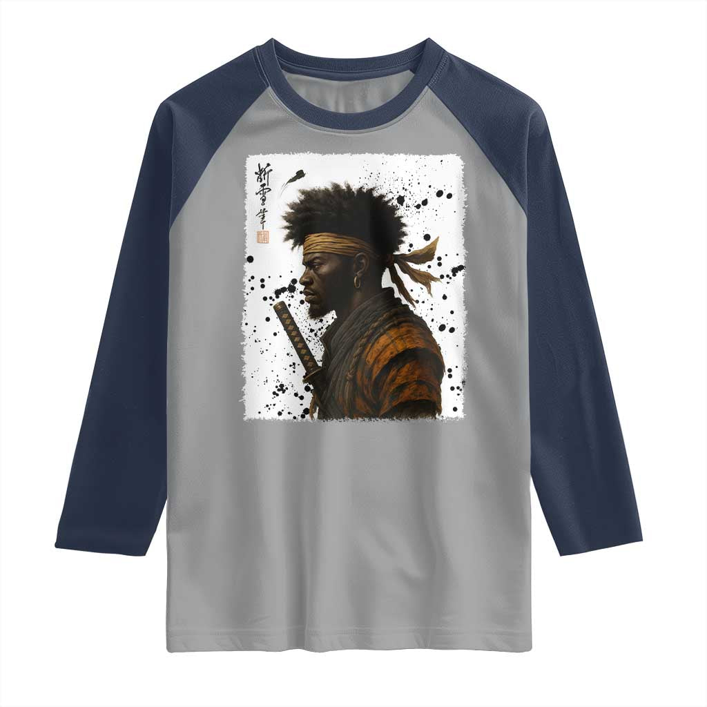 Afro American Samurai Raglan Shirt Japanese Vintage Graphic Sumie Katana TS12 Sport Gray Navy Print Your Wear