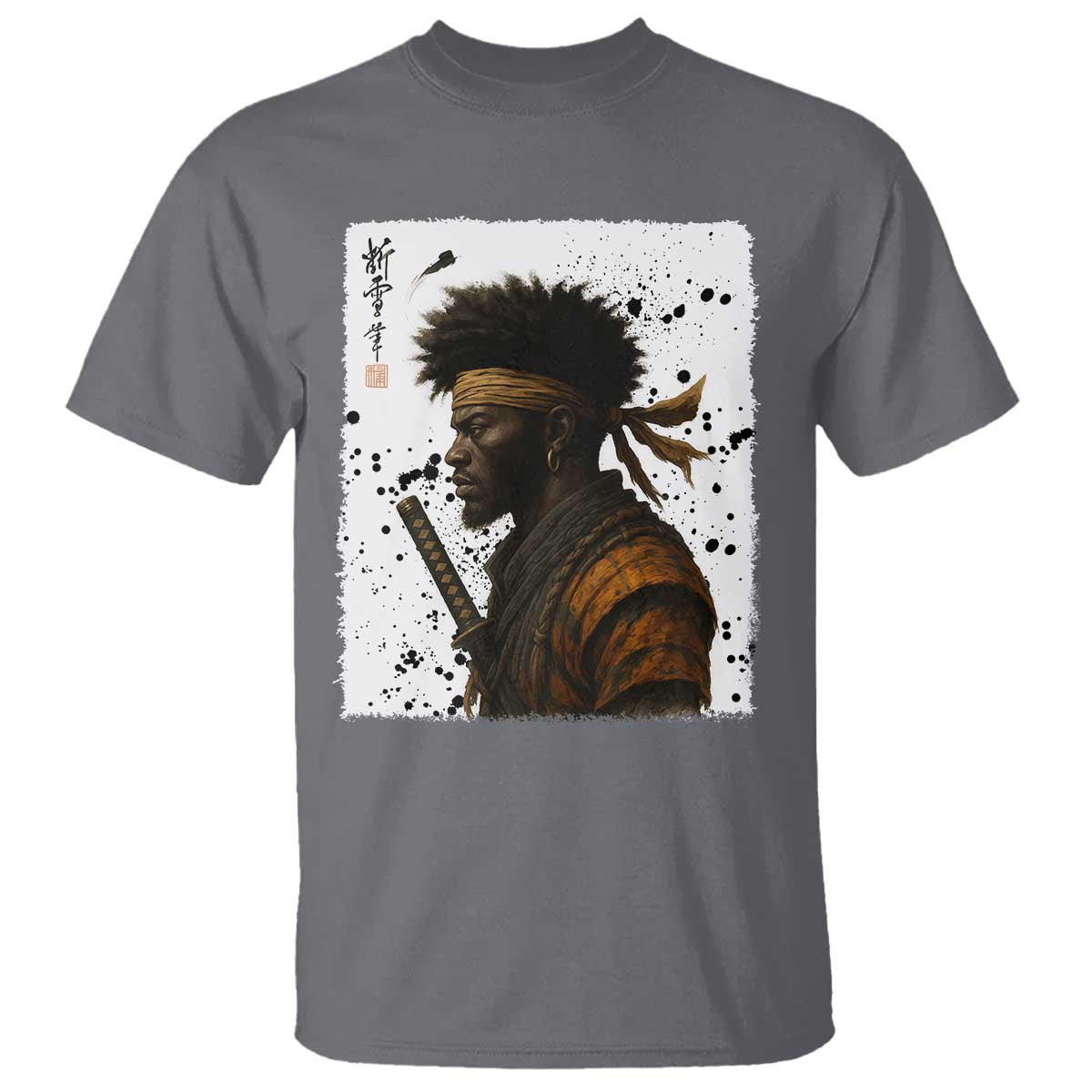 Afro American Samurai T Shirt Japanese Vintage Graphic Sumie Katana TS12 Charcoal Print Your Wear