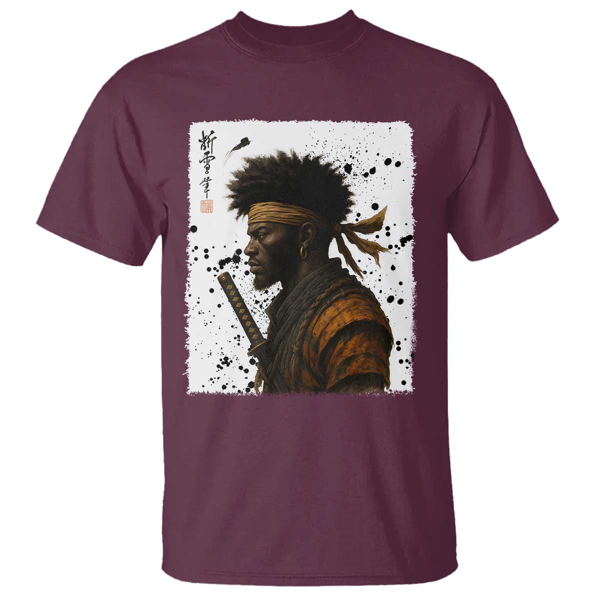 Afro American Samurai T Shirt Japanese Vintage Graphic Sumie Katana TS12 Maroon Print Your Wear