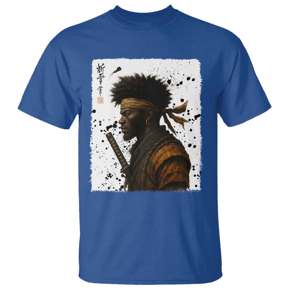 Afro American Samurai T Shirt Japanese Vintage Graphic Sumie Katana TS12 Royal Blue Print Your Wear