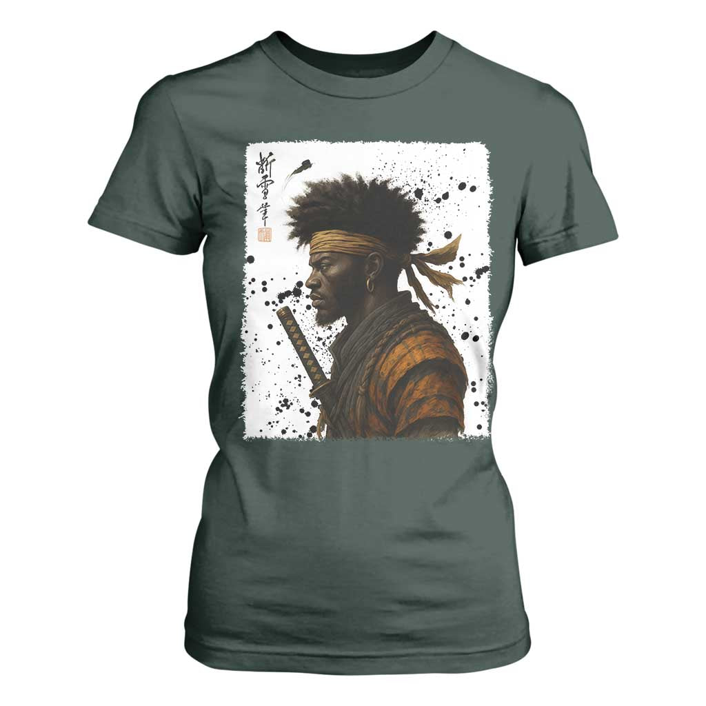 Afro American Samurai T Shirt For Women Japanese Vintage Graphic Sumie Katana TS12 Dark Forest Green Print Your Wear