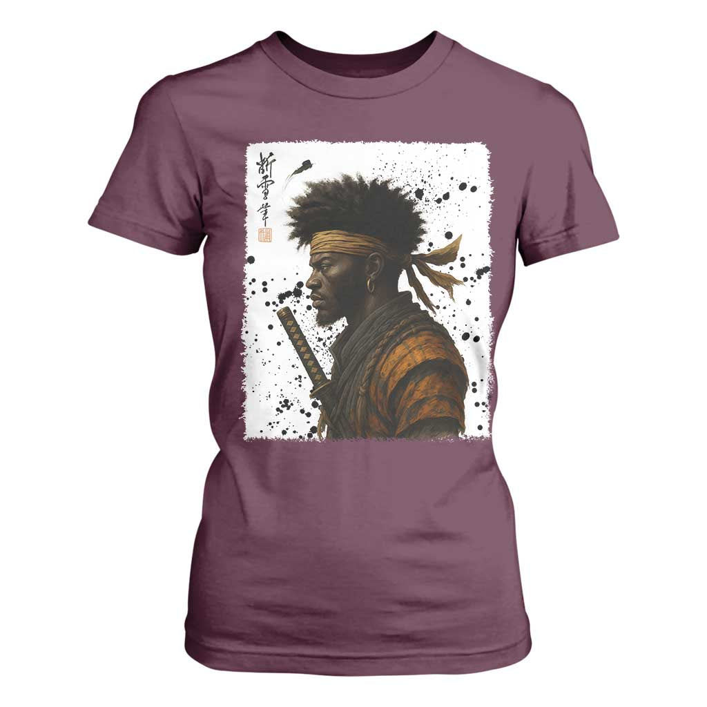 Afro American Samurai T Shirt For Women Japanese Vintage Graphic Sumie Katana TS12 Maroon Print Your Wear