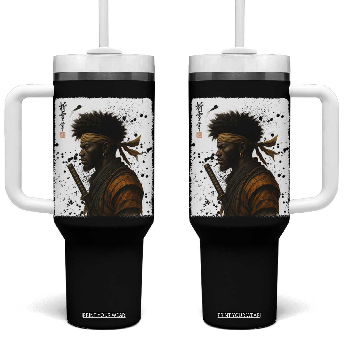 Afro American Samurai Tumbler With Handle Japanese Vintage Graphic Sumie Katana TS12 One Size: 40 oz Black Print Your Wear