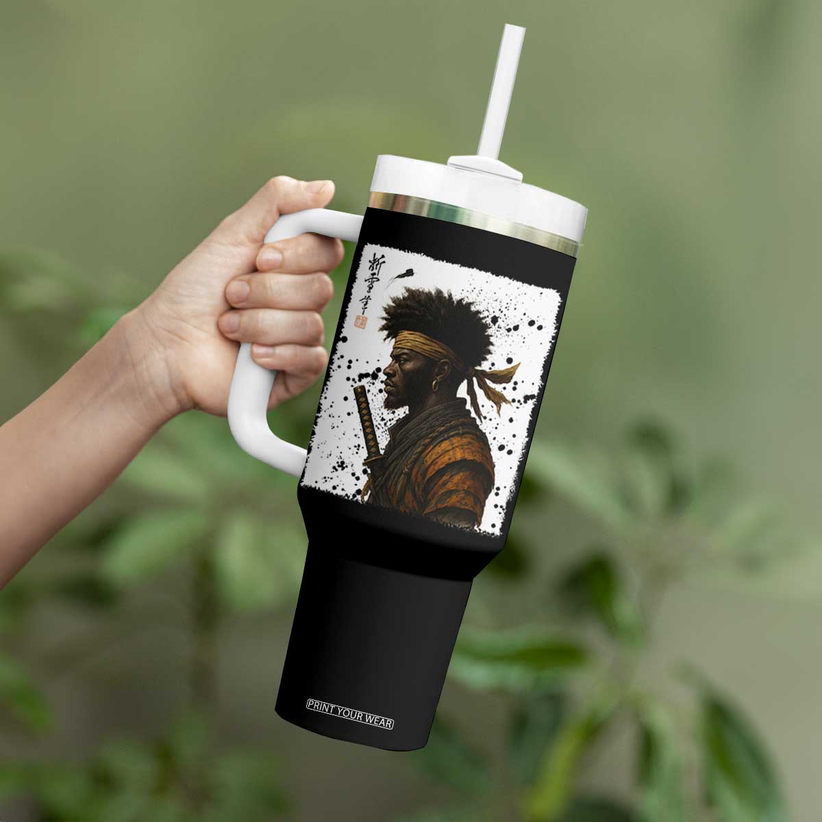 Afro American Samurai Tumbler With Handle Japanese Vintage Graphic Sumie Katana TS12 Print Your Wear