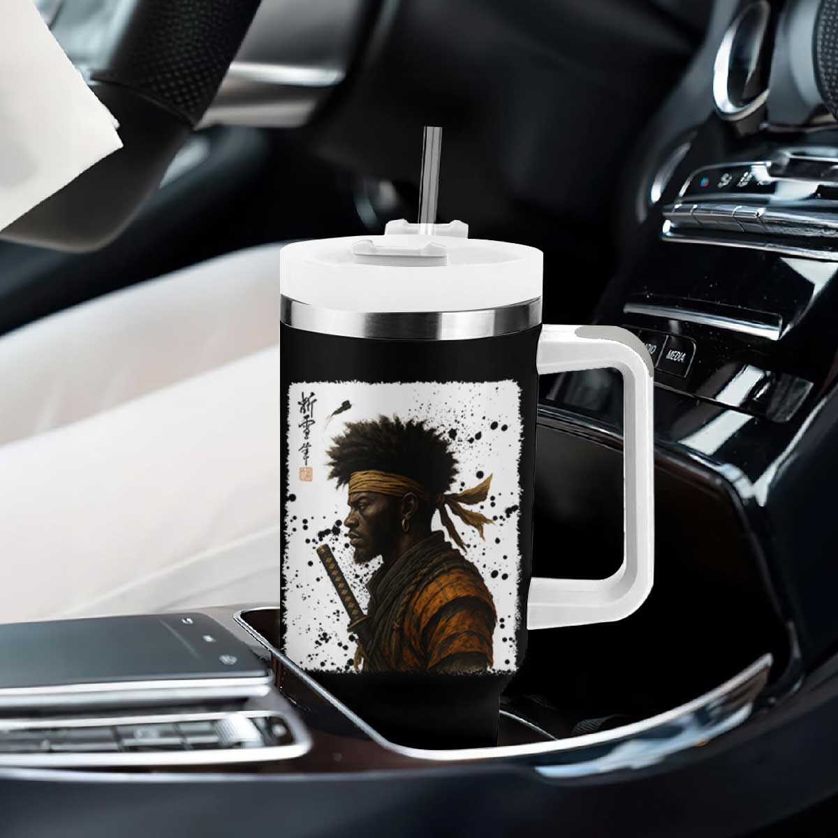 Afro American Samurai Tumbler With Handle Japanese Vintage Graphic Sumie Katana TS12 Print Your Wear