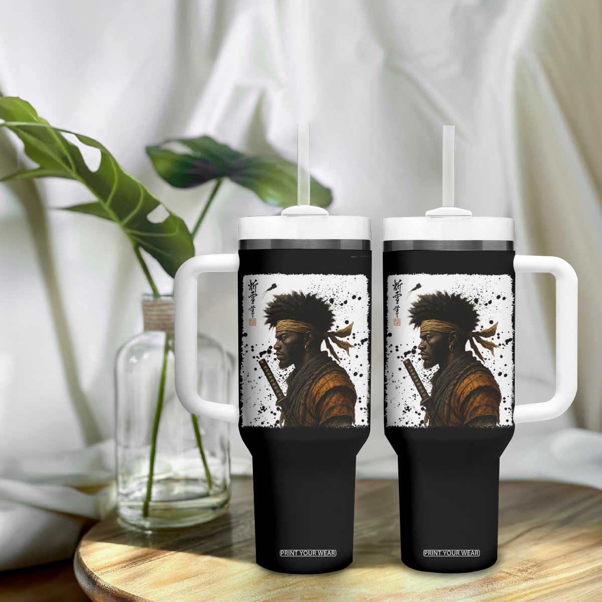 Afro American Samurai Tumbler With Handle Japanese Vintage Graphic Sumie Katana TS12 Print Your Wear