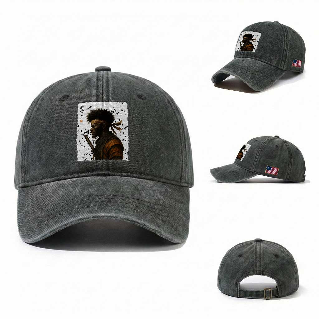 Afro American Samurai Washed Cotton Baseball Cap Japanese Vintage Graphic Sumie Katana TS12 Washed Cap Universal Fit Dark Green Print Your Wear