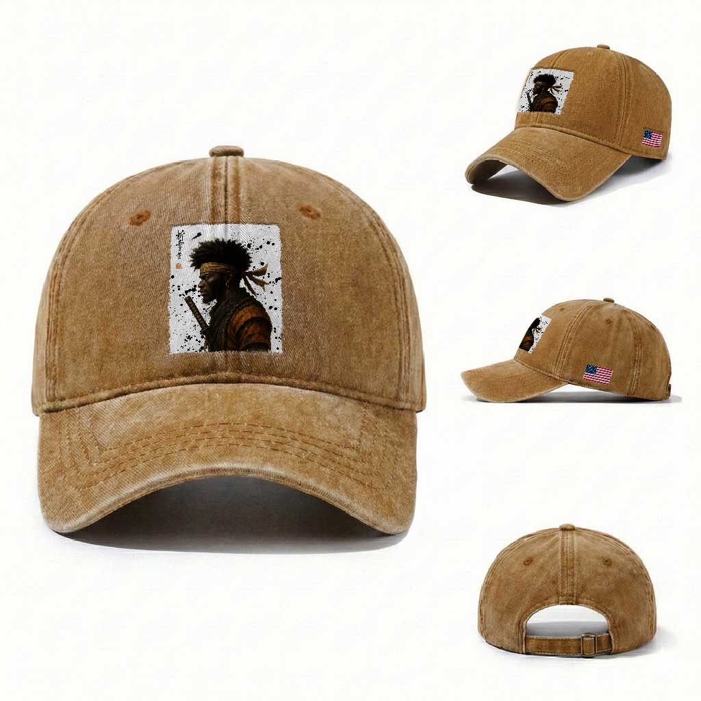 Afro American Samurai Washed Cotton Baseball Cap Japanese Vintage Graphic Sumie Katana TS12 Washed Cap Universal Fit Yellow Ochre Print Your Wear