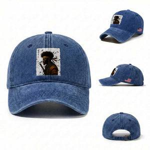 Afro American Samurai Washed Cotton Baseball Cap Japanese Vintage Graphic Sumie Katana TS12 Washed Cap Universal Fit Royal Blue Print Your Wear