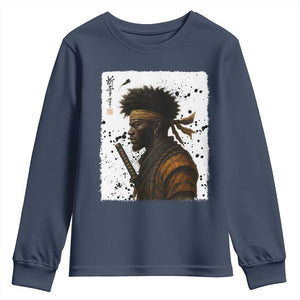 Afro American Samurai Youth Sweatshirt Japanese Vintage Graphic Sumie Katana TS12 Navy Print Your Wear