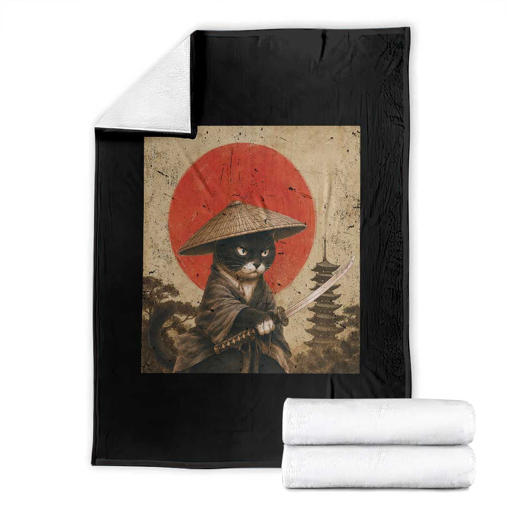 Vintage Samurai Black Cat Japanese Katana Throw Blanket Ukiyoe Cat Lover Gift