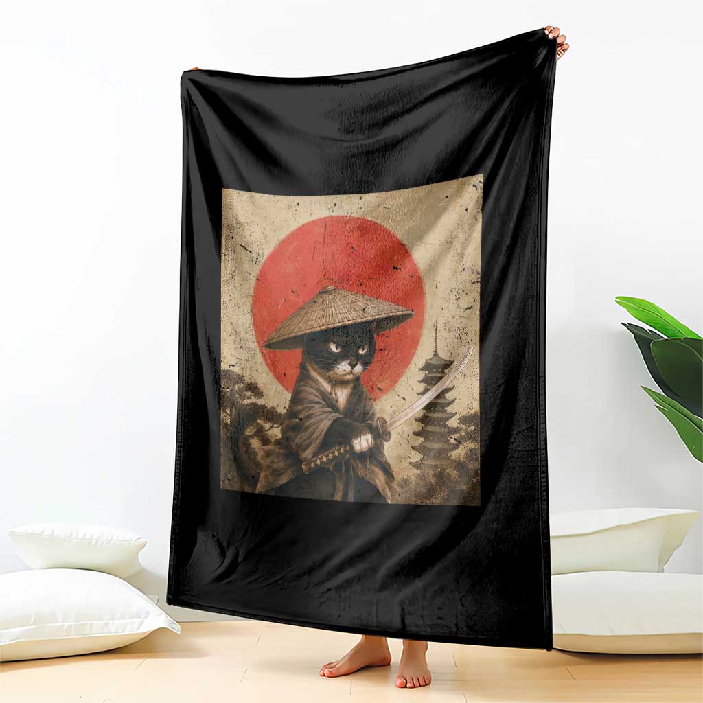 Vintage Samurai Black Cat Japanese Katana Throw Blanket Ukiyoe Cat Lover Gift