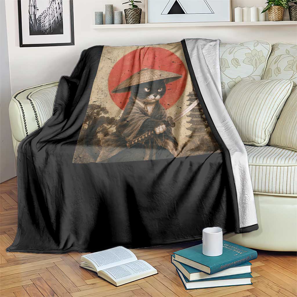 Vintage Samurai Black Cat Japanese Katana Throw Blanket Ukiyoe Cat Lover Gift