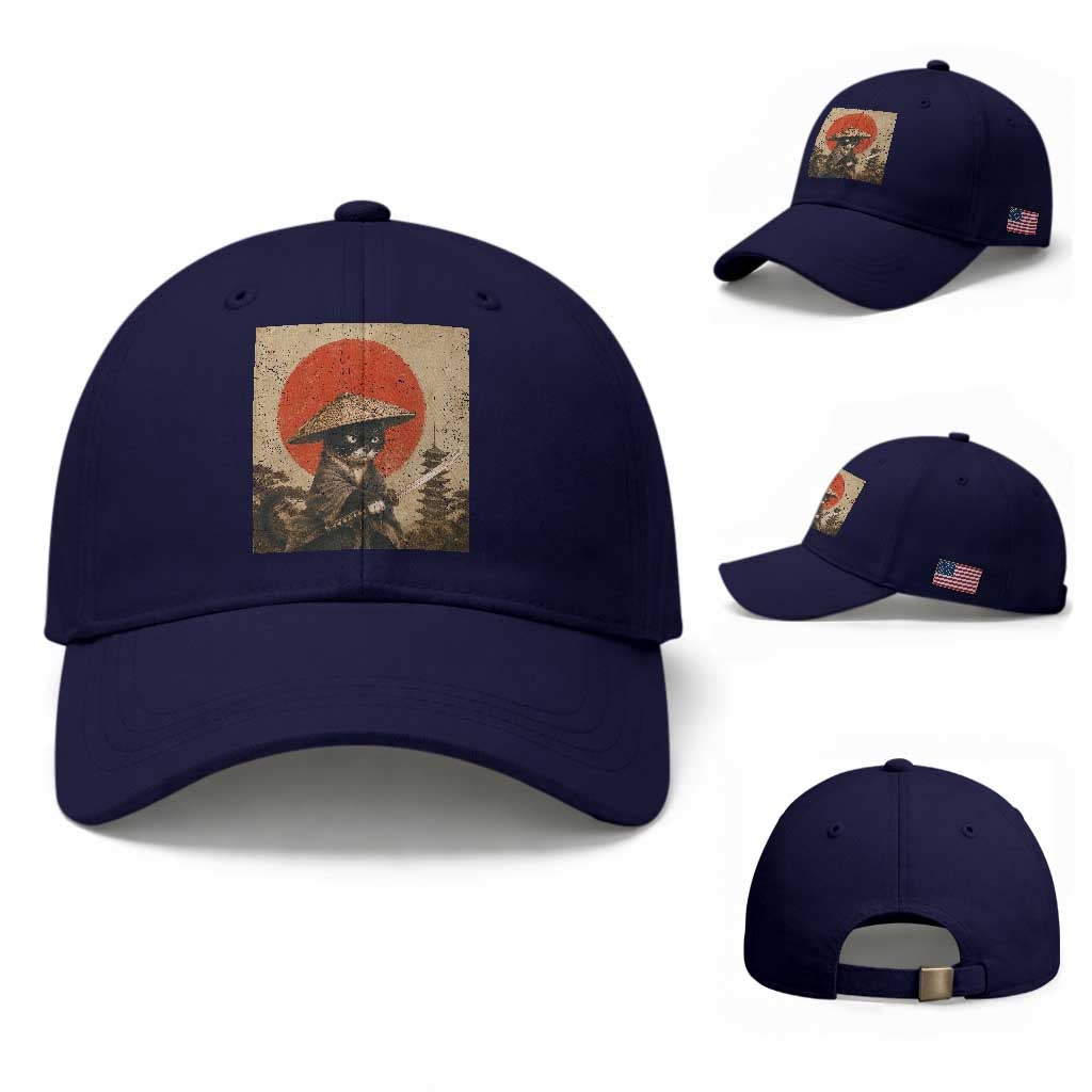 Vintage Samurai Black Cat Japanese Katana Baseball Cap Ukiyoe Cat Lover Gift