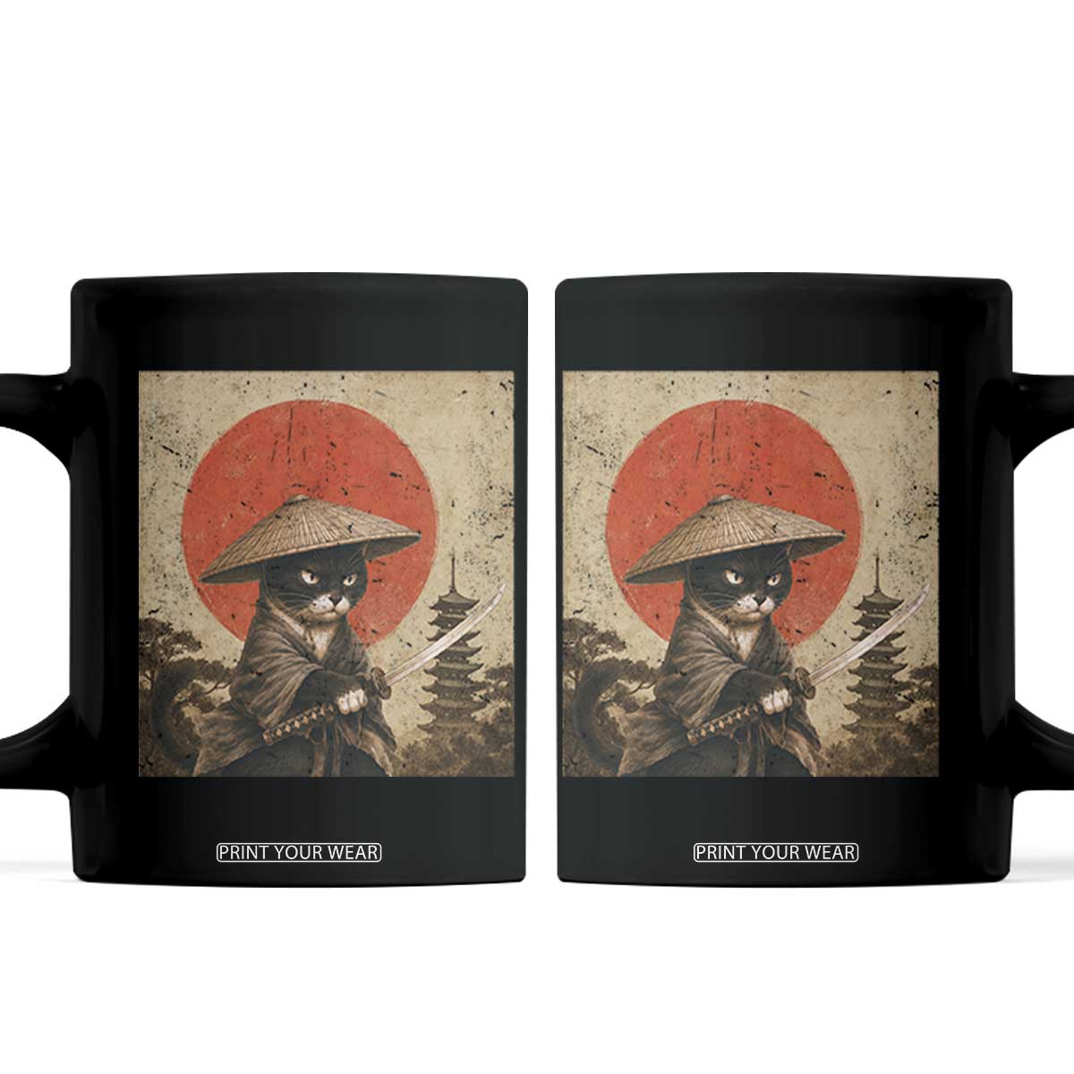 Vintage Samurai Black Cat Japanese Katana Coffee Mug Ukiyoe Cat Lover Gift TS12 Black Print Your Wear