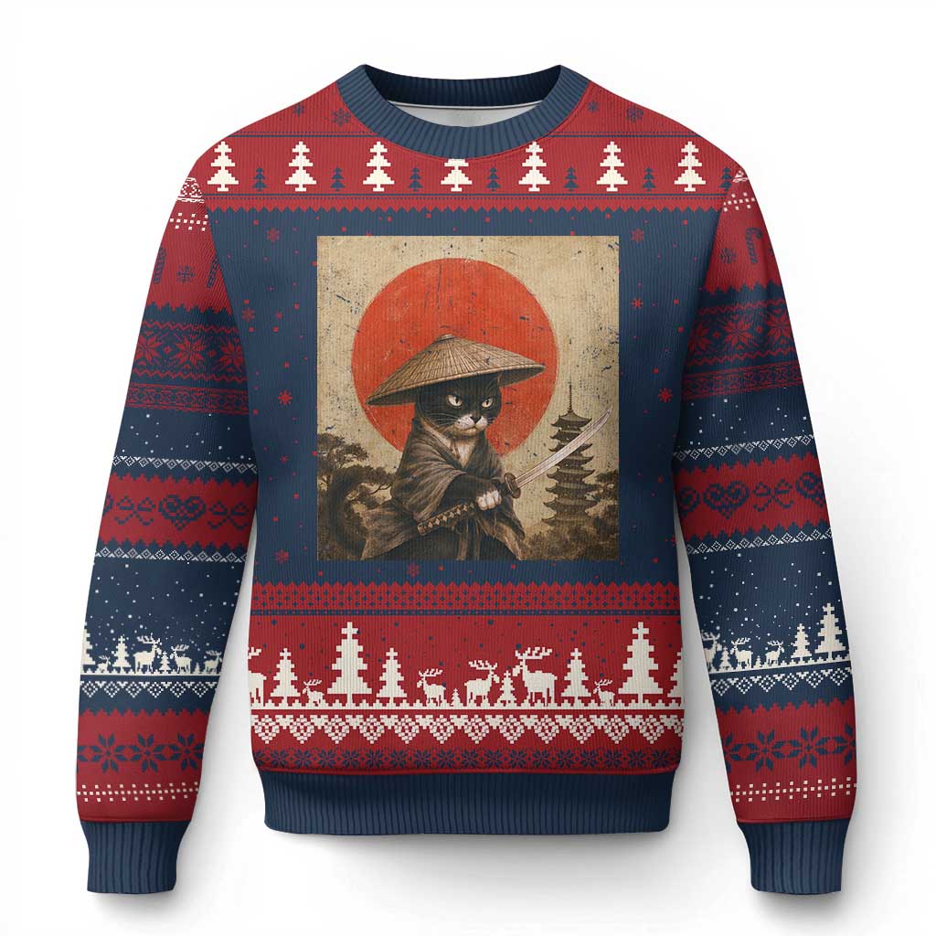 Vintage Samurai Black Cat Japanese Katana Ugly Christmas Sweater Ukiyoe Cat Lover Gift TS12 Navy Red Print Your Wear