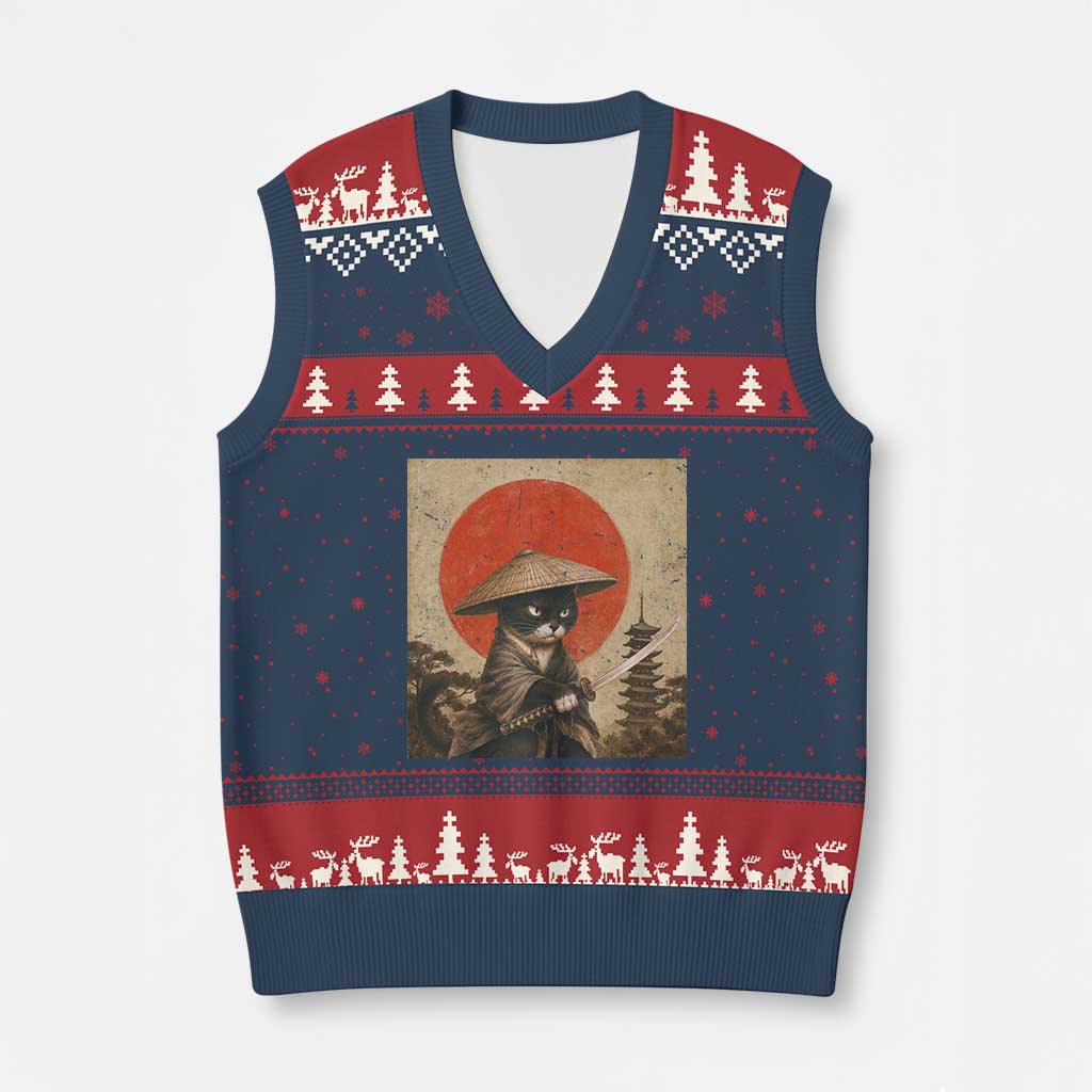 Vintage Samurai Black Cat Japanese Katana V-Neck Knit Sweater Vest Ukiyoe Cat Lover Gift TS12 Navy Red Print Your Wear