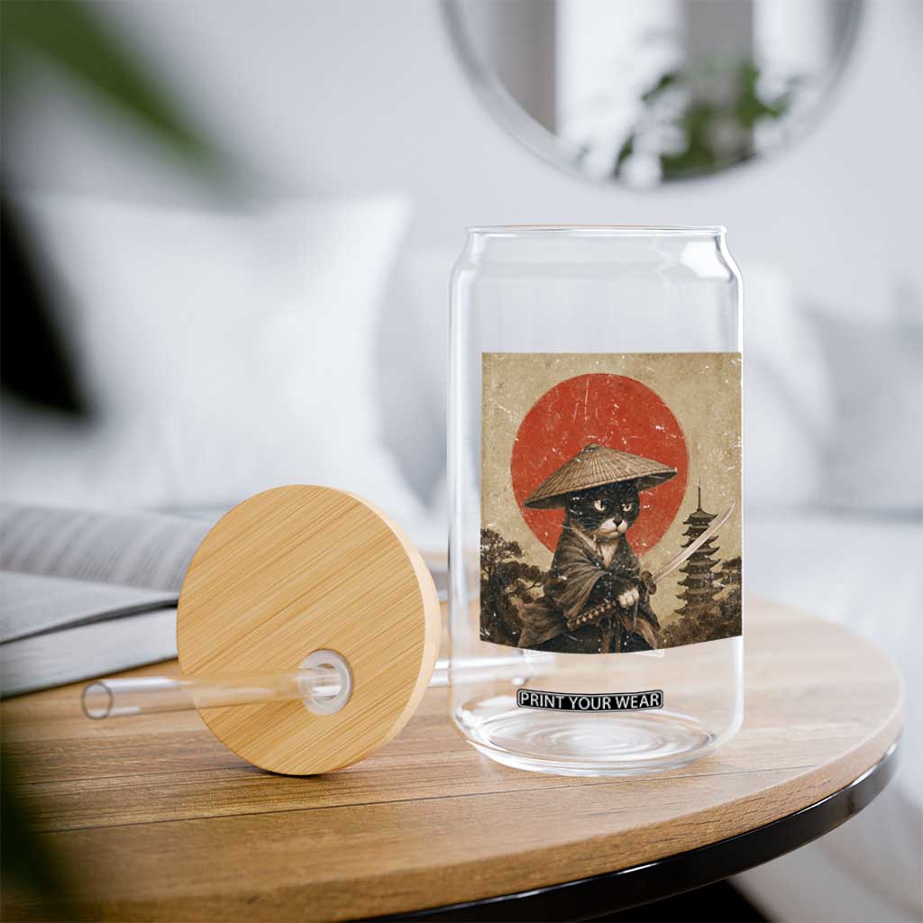 Vintage Samurai Black Cat Japanese Katana Glass Can Ukiyoe Cat Lover Gift