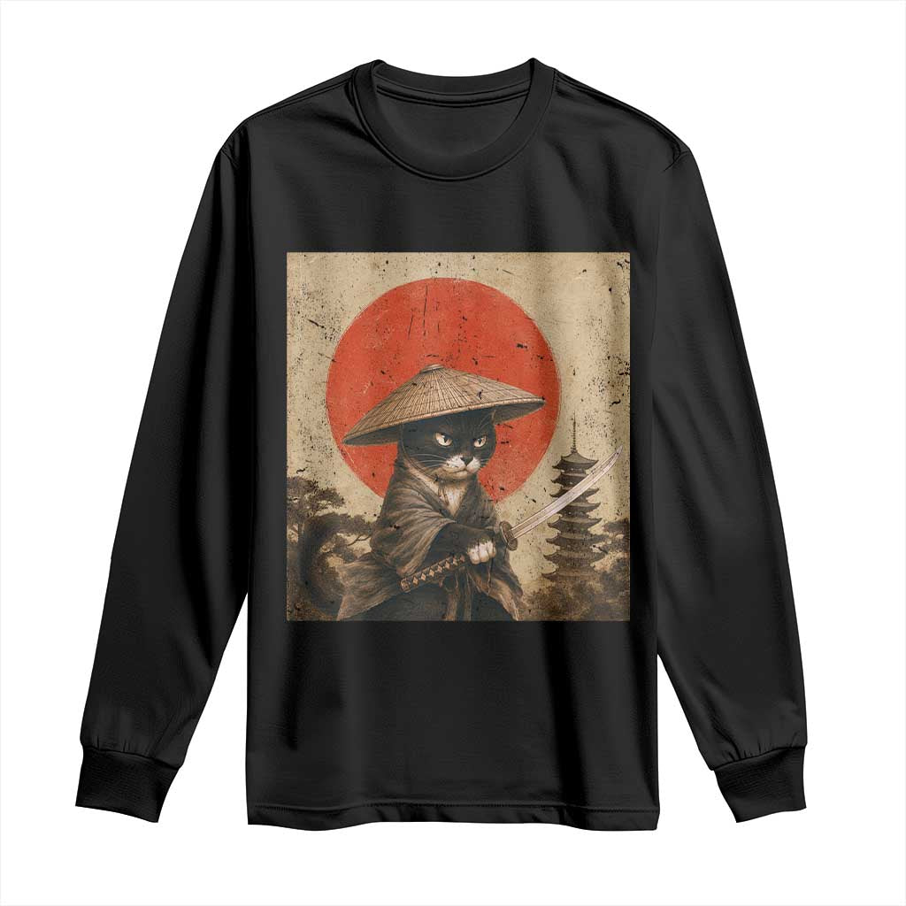 Vintage Samurai Black Cat Japanese Katana Long Sleeve Shirt Ukiyoe Cat Lover Gift TS12 Black Print Your Wear