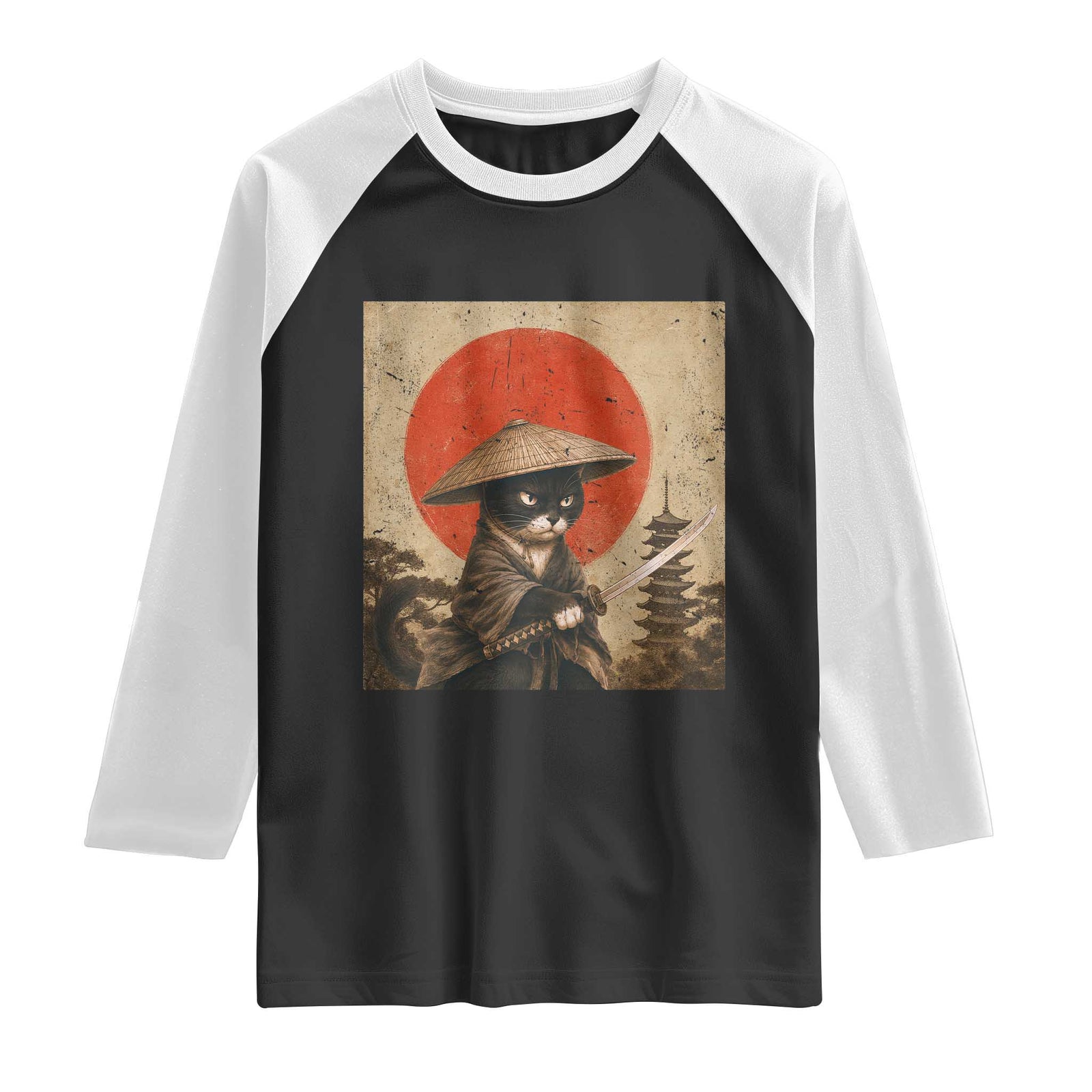 Vintage Samurai Black Cat Japanese Katana Raglan Shirt Ukiyoe Cat Lover Gift TS12 Black White Print Your Wear