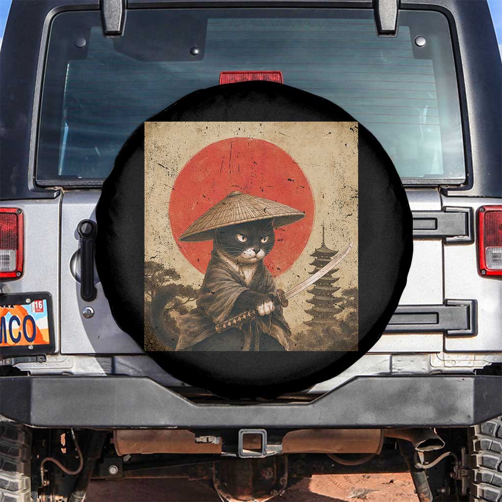 Vintage Samurai Black Cat Japanese Katana Spare Tire Cover Ukiyoe Cat Lover Gift TS12 No hole Black Print Your Wear