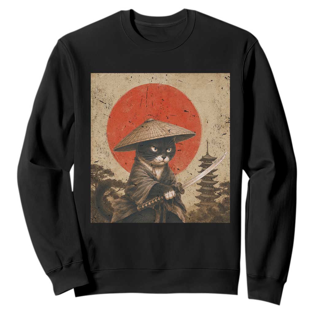 Vintage Samurai Black Cat Japanese Katana Sweatshirt Ukiyoe Cat Lover Gift TS12 Black Print Your Wear