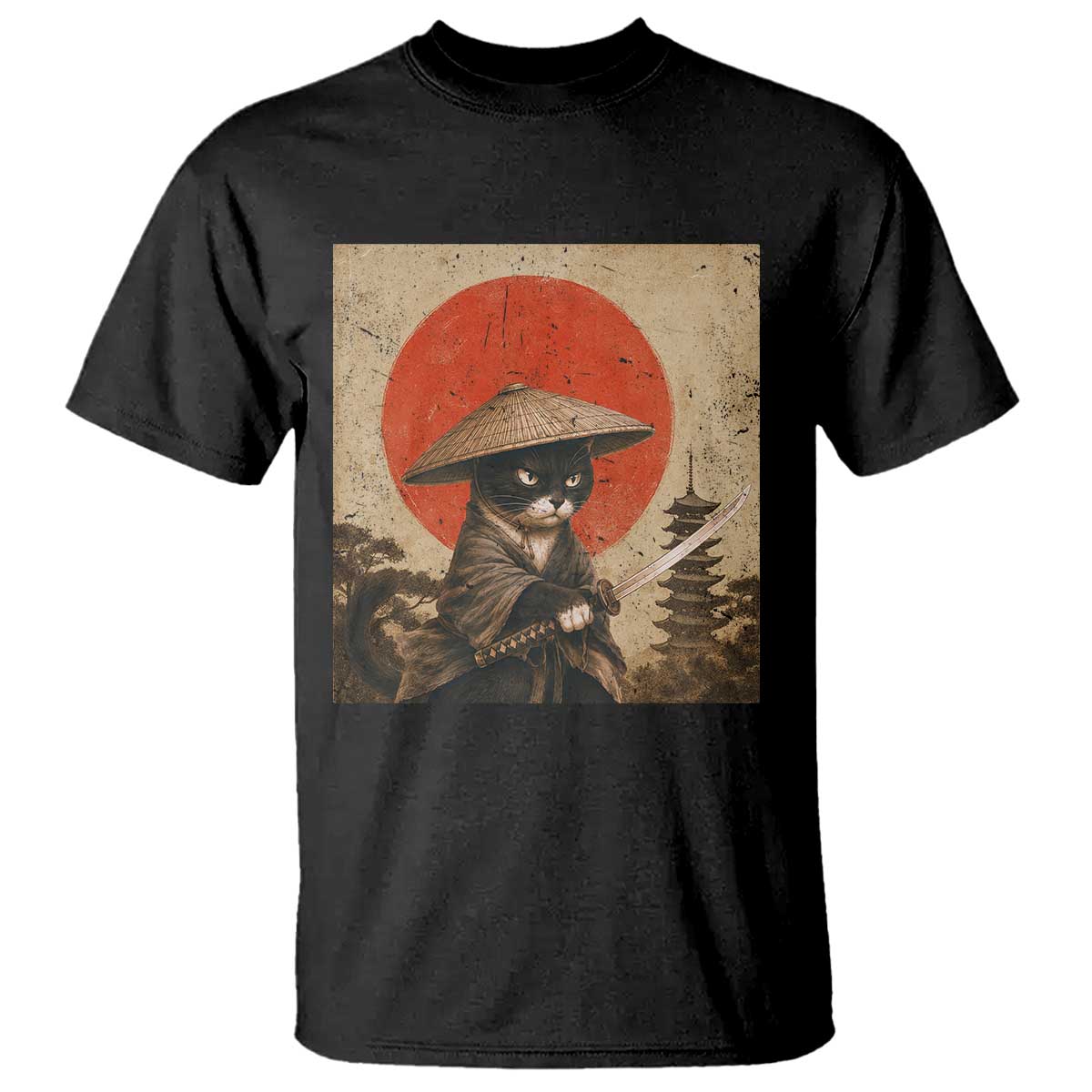 Vintage Samurai Black Cat Japanese Katana T Shirt Ukiyoe Cat Lover Gift TS12 Black Print Your Wear