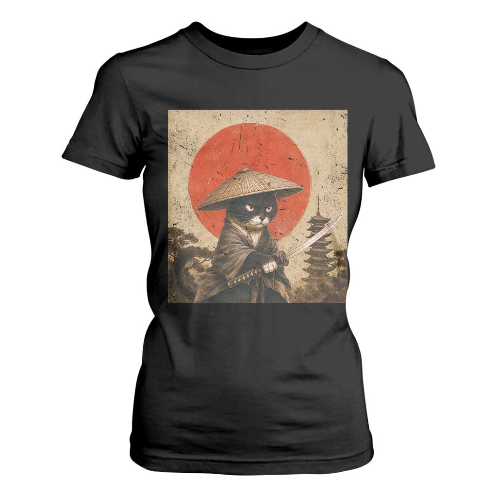 Vintage Samurai Black Cat Japanese Katana T Shirt For Women Ukiyoe Cat Lover Gift TS12 Black Print Your Wear