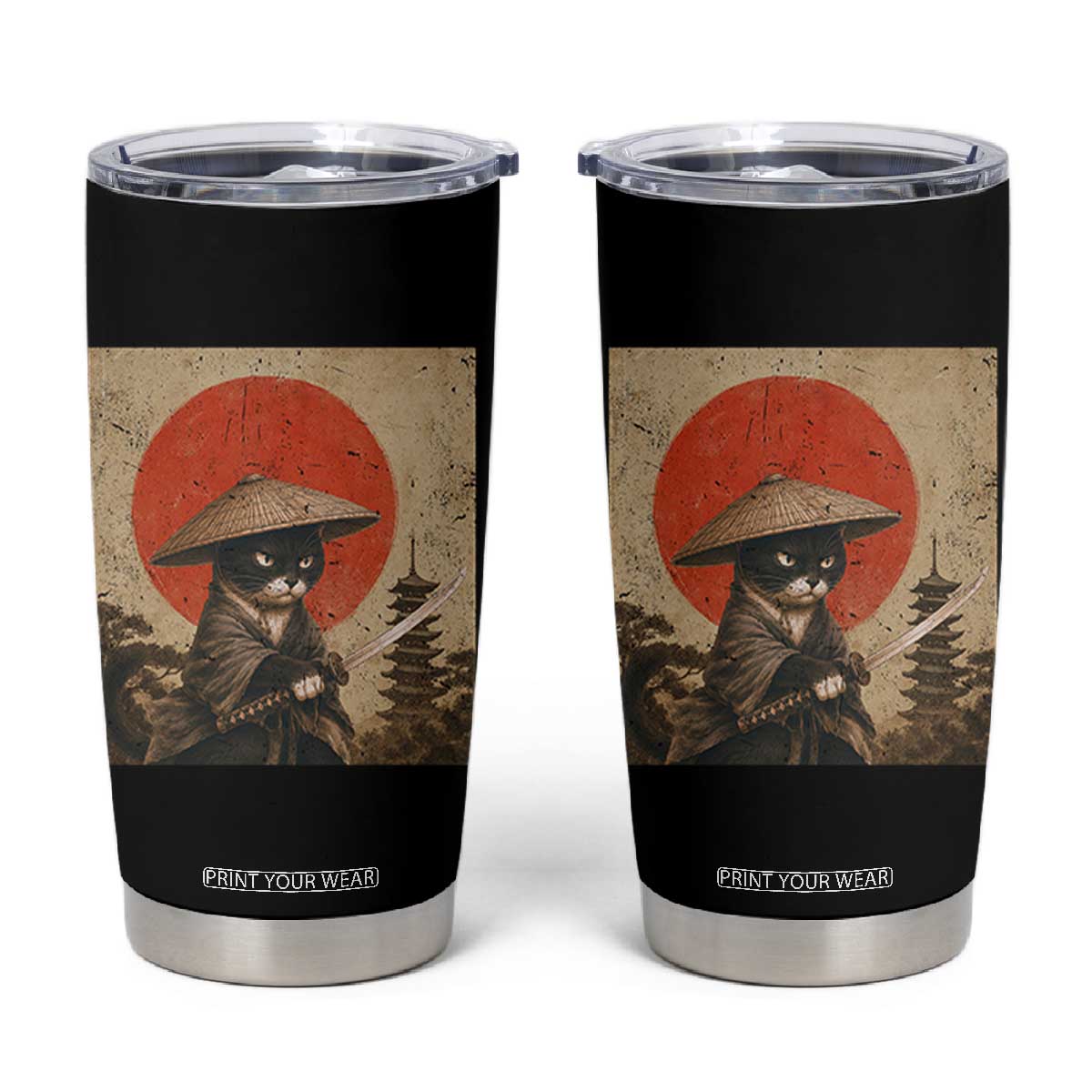 Vintage Samurai Black Cat Japanese Katana Tumbler Cup Ukiyoe Cat Lover Gift TS12 Black Print Your Wear