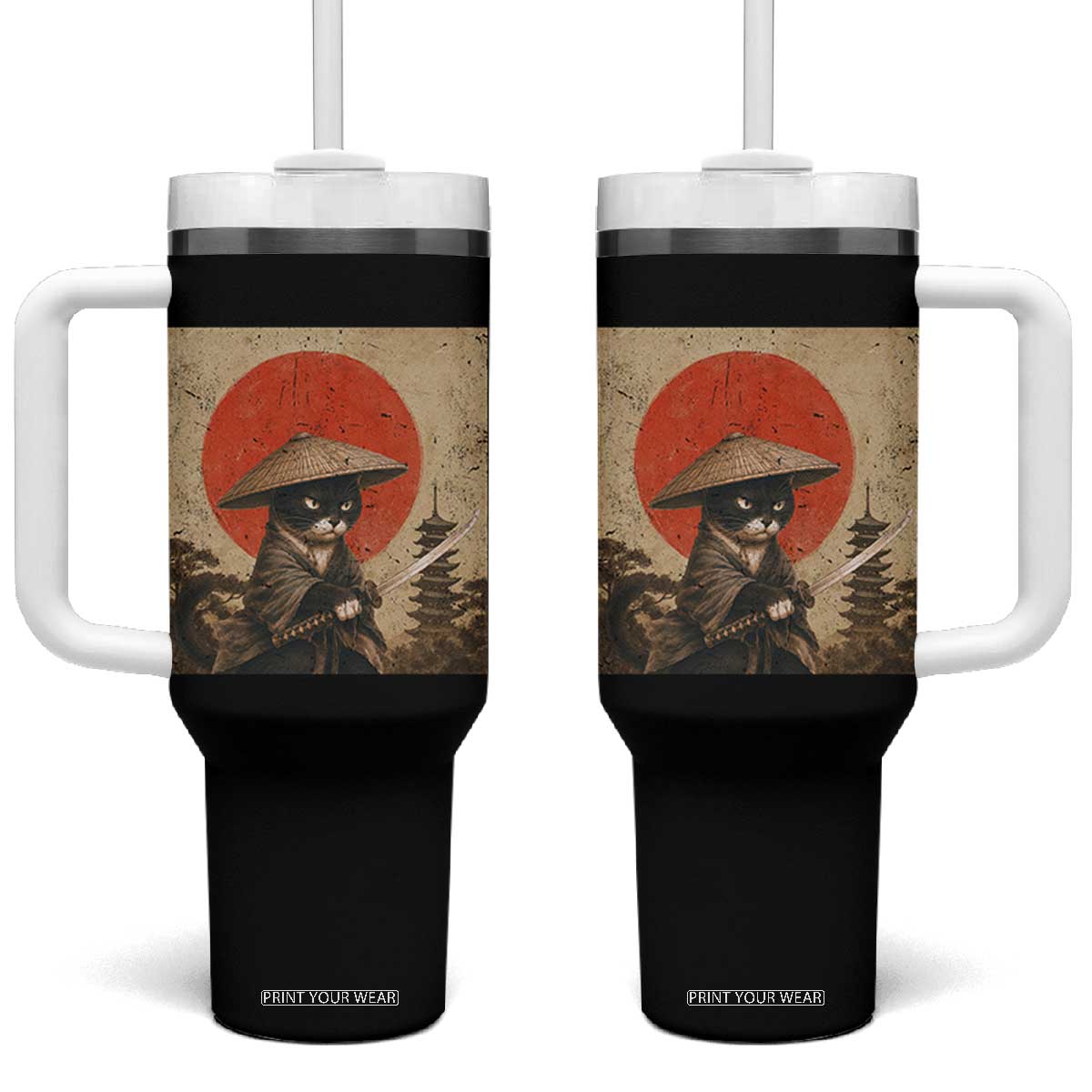 Vintage Samurai Black Cat Japanese Katana Tumbler With Handle Ukiyoe Cat Lover Gift TS12 One Size: 40 oz Black Print Your Wear