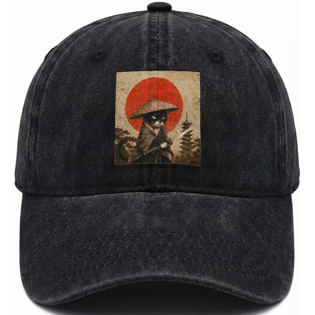 Vintage Samurai Black Cat Japanese Katana Washed Cotton Baseball Cap Ukiyoe Cat Lover Gift TS12 Print Your Wear