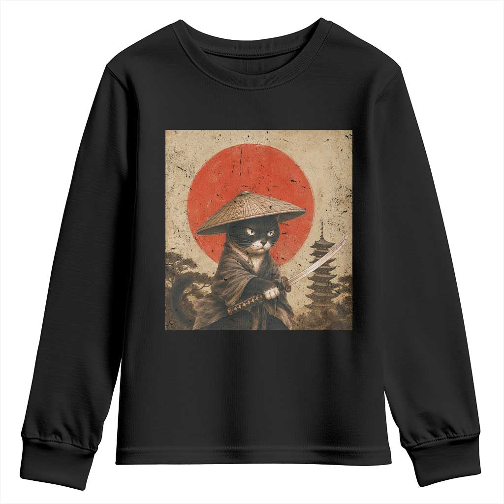 Vintage Samurai Black Cat Japanese Katana Youth Sweatshirt Ukiyoe Cat Lover Gift TS12 Black Print Your Wear